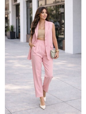 Madame Melek Zr Model Marka Vatkalı Yelek Pantolon Takım - Havuç Pantolon Uzun Yelek Düz Renk Takım