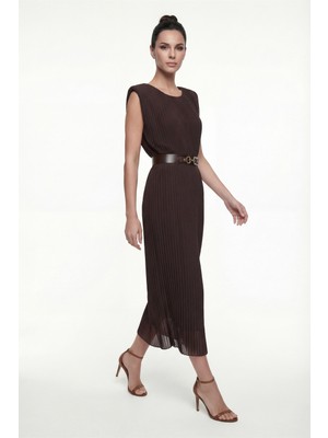 Lafaba Kadın Kahverengi Bisiklet Yaka Vatkalı Midi Piliseli Davet Elbisesi