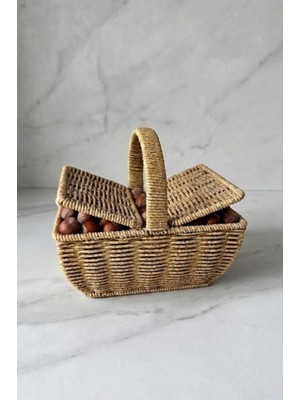 Feyza Design El Örgüsü Doğal Hasır Dikdörtgen Sepet, Mutfak ve Saklama Için Şık Seçenek