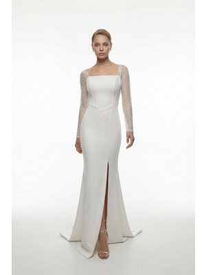 Lafaba Kadın Beyaz Kare Yaka Dantelli Uzun Balık Abiye Elbise