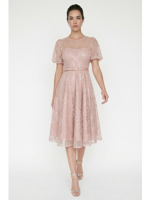 Lafaba Kadın Pudra Balon Kol Kemerli Söz Nişan Nikah Abiye Elbise