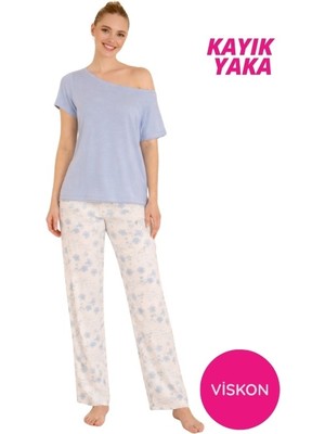 Seamlife Kadın Mavi Çiçek Desenli Düğmesiz Kayık Yaka Viskon Düşük Omuz Kısa Kol Ev Giyim Homewear Pijama Takımı
