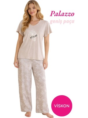 Seamlife Kadın Bej Çiçek Desenli Düğmesiz Geniş Yaka Viskon Oversize Kısa Kol Palazzo Geniş Paça Alt Homewear Pijama Takımı