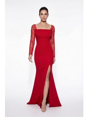 Lafaba Kadın Kırmızı Kare Yaka Dantelli Uzun Balık Abiye Elbise