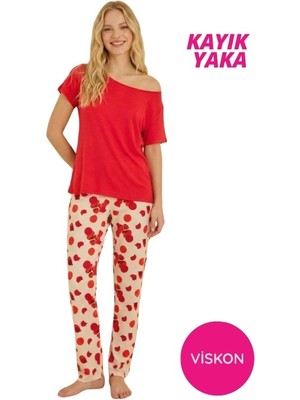 Seamlife Kadın Kırmızı Çiçek Desenli Düğmesiz Kayık Yaka Viskon Düşük Omuz Kısa Kol Ev Giyim Homewear Pijama Takımı