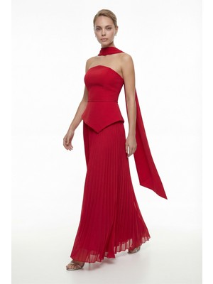 Lafaba Kadın Kırmızı Dar Kalıp Şal Yaka Piliseli Uzun Söz Nişan Nikah Abiye