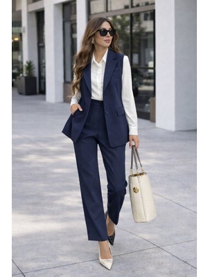 Madame Melek Zr Model Marka Vatkalı Yelek Pantolon Takım - Havuç Pantolon Uzun Yelek Düz Renk Takım