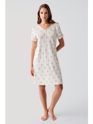 Artış Collection Kısa Kollu Düğmeli Çiçek Desenli Ajurlu %100 Pamuk Gecelik 19102