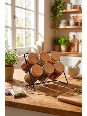 Feyza Design 6'lı Mika Baharatlık Seti, Ahşap Kapaklı, Metal Standlı, 500 Ml, Tezgah Düzenleyici