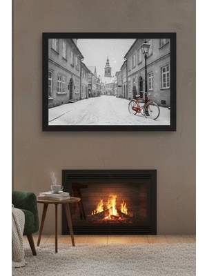 Safir Design Siyah Beyaz Şehir Manzaralı Kırmızı Bisiklet Detaylı Çerçeveli Tablo