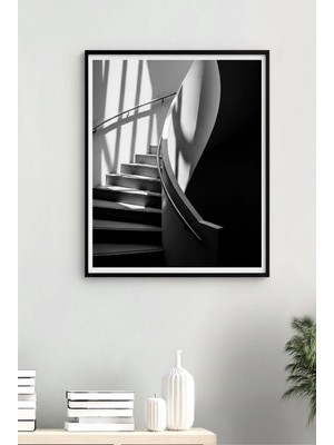 Safir Design Siyah Beyaz Minimalist Merdiven Çerçeveli Tablo Geometrik Duvar Sanatı