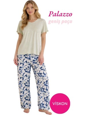Seamlife Kadın Yeşil Desenli Düğmesiz Geniş Yaka Viskon Oversize Kısa Kol Palazzo Geniş Paça Alt Homewear Pijama Takımı