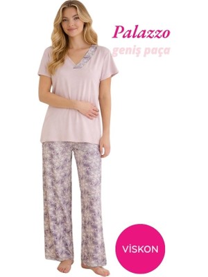 Seamlife Kadın Pudra Çiçek Desenli Düğmesiz Geniş Yaka Viskon Oversize Kısa Kol Palazzo Geniş Paça Alt Homewear Pijama Takım