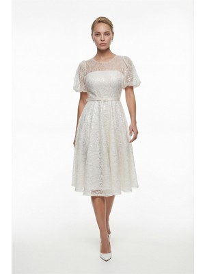 Lafaba Kadın Beyaz Balon Kol Kemerli Söz Nişan Nikah Abiye Elbise