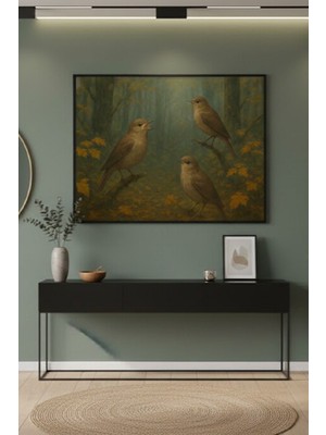 Safir Design Yeşil ve Toprak Renklerde Romantik Kuşlar Temalı Şık Çerçeveli Tablo