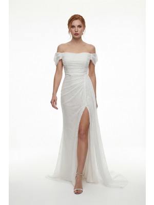 Lafaba Kadın Beyaz Dar Kalıp Kayık Yaka Dantelli Uzun Abiye Elbise