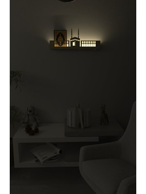 Wallover Design Özel Metal Lazer Kesim 2 mm Kalınlık Islami Kabe Temalı Kablosuz Pilli Ledli Duvar Rafı (Piller Hediye)