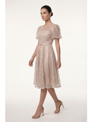 Lafaba Kadın Bej Balon Kol Kemerli Söz Nişan Nikah Abiye Elbise