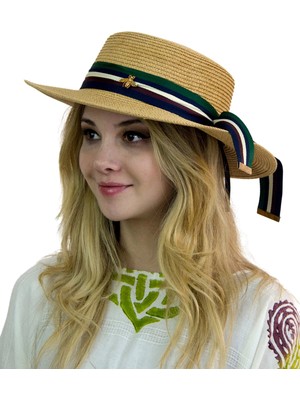 Bay Şapkacı Kadın Şeritli Hasır Şapka 3853