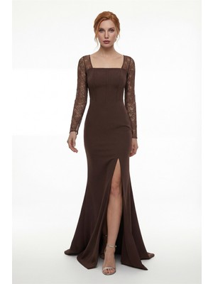 Lafaba Kadın Kahverengi Kare Yaka Dantelli Uzun Balık Abiye Elbise