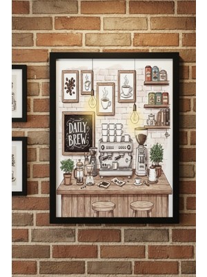 Safir Design Kahve Temalı Illüstrasyon Çerçeveli Tablo Mutfak ve Kahve Köşesi Dekoru
