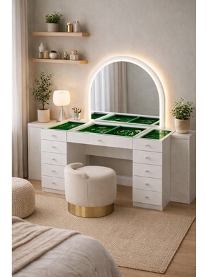 Setay Aynalı Makyaj Masası, Lavin Cam Üst Bölmeli Takı Düzenleyicili Şifonyer