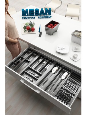 Feyza Design Çekmece Içi Plastik Kaşık ve Bıçaklık, Modüler, Ayarlanabilir, Gri, 94X48-89X44 cm