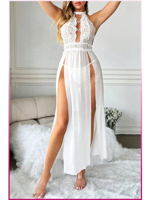 Liyuza Beyaz Kalp Aksesuarlı Tül Etekli Kadın Seksi Gecelik