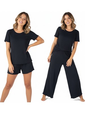 Bonbon Kadın Siyah Renk Kısa Kollu Pijamalı ve Şortlu 3'lü Pamuklu Takım BB2329