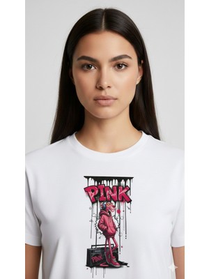 Elif Tarakçı Butik Pembe Panter Figürlü Pamuklu Tişört
