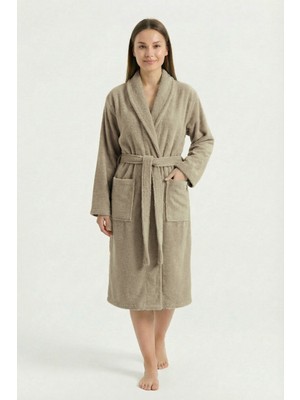 Sevim Luxury Spa Collection %100 Pamuk Uzun Boy Şal Yaka Bornoz – Yoğun ve Dolgun Doku - Bej Renk