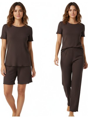 Bonbon Kadın Kahve Renk Kısa Kollu Pijamalı ve Şortlu 3'lü Pamuklu Takım BB2332