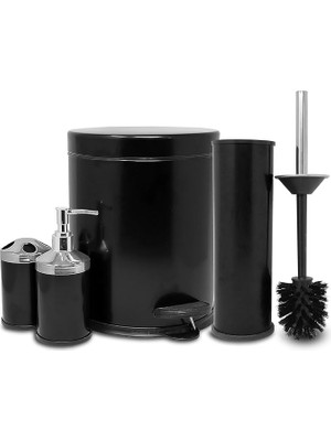 Serisi Ayak Basmalı Özellikli 4' Lü Banyo Seti Çöp Kovası+Kolozet Fırçası+Sıvı Sabunluk+Fırçalık Paslanmaz Siyah