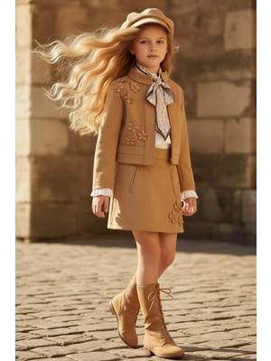 Riccotarz Kız Çocuk Kristal Taş Düğmeli Şifon Gömlek Çiçek Desen Işlemeli Ceket Süet Taba Etekli Takım