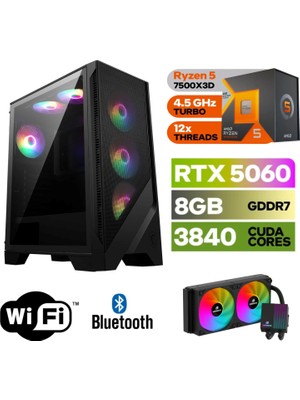 MSI Şafak-Gaming Pc Ddr5-Ryzen 5 7500X3D-RTX 5060 8gb-32 GB Ddr5 Ram-1 Tb Nvme 5000 4000-WİN11PRO-240MM Sıvısogutma-