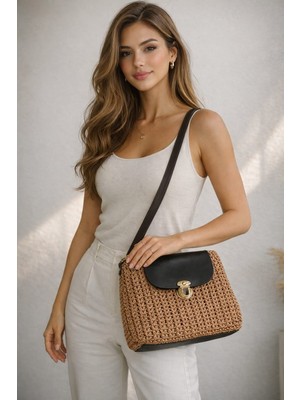 Vela Kağıt Ip El Örgülü Kahverengi Deri Kapaklı Kayışlı Omuz Çantası