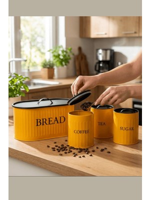 Feyza Design 4'lü Metal Kapaklı Ekmeklik ve Organizer Seti, Sarı Renk