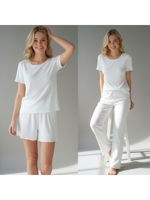 Bonbon Kadın Ekru Renk Kısa Kollu Pijamalı ve Şortlu 3'lü Pamuklu Takım BB2331