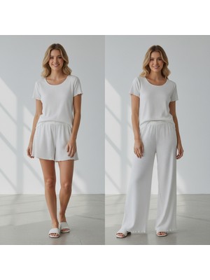 Bonbon Kadın Beyaz Renk Kısa Kollu Pijamalı ve Şortlu 3'lü Pamuklu Takım BB2330