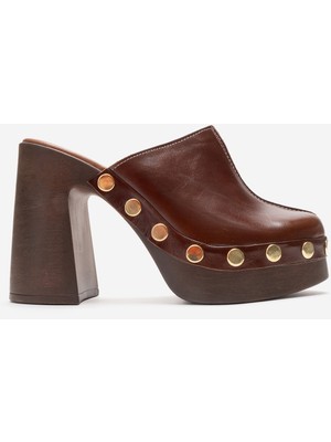 Dericlub Kadın Kalın Platform Topuklu Takunya Terlik Gerçek Deri Zy 4131 Taba