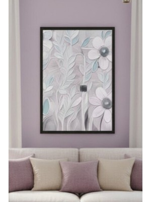 Safir Design Mor ve Beyaz Çiçek Desenli Çerçeveli Tablo