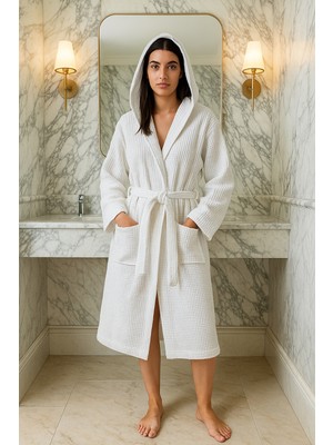 Tekstil Stokları Kapüşonlu Cepli Unisex Kadın Erkek %100 Pamuk Pike Bornoz