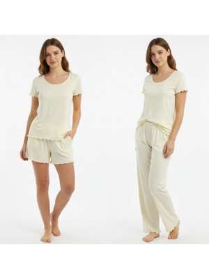Bonbon Kadın Sarı Renk Kısa Kollu Pijamalı ve Şortlu 3'lü Pamuklu Takım BB2334