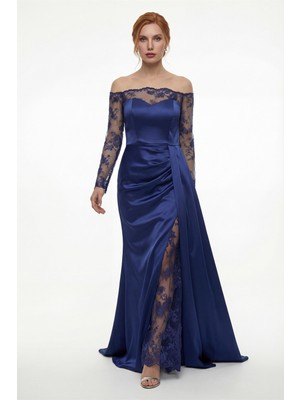Lafaba Kadın Lacivert Kayık Yaka Dantel Detay Kuyruklu Uzun Abiye Elbise