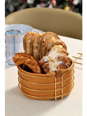 Feyza Design Şık Altın Renk Yuvarlak Ekmek Sepeti, Makrome ve Hasır Detaylı Çok Amaçlı Metal