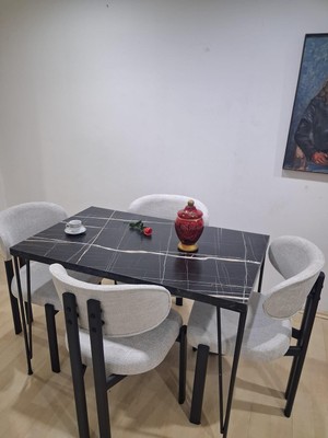 Bengi Ankara Mobilya Masa Metal Ayak 90602 Sabit Siyah Mermer Desen 4 Adet Sandalye Metal Ayak