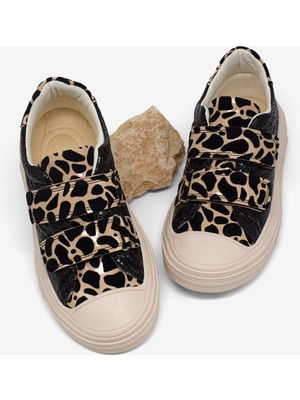 Tonny Black Çocuk Siyah Leopar Cırtlı Sneaker Düz Tabanlı Konforlu Kalıp
