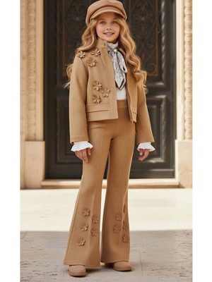 Riccotarz Kız Çocuk Kristal Taş Düğmeli Şifon Gömlek Çiçek Desen Işlemeli Ceket Süet Taba Alt Üst Takım