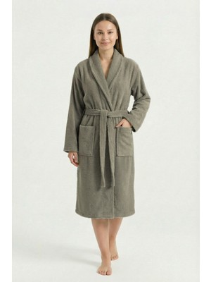 Sevim Rahat Kalıp Şal Yaka Unisex Bornoz - %100 Pamuk & Midi Boy - Kuvars Grisi