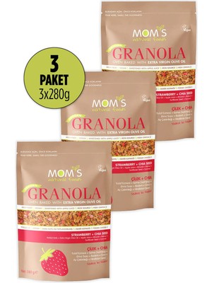 Mom's Natural Foods 3'lü Çilek-Chia Granola 840 gr Meyveli Paket Sızma Zeytinyağı ile Fırınlanmış